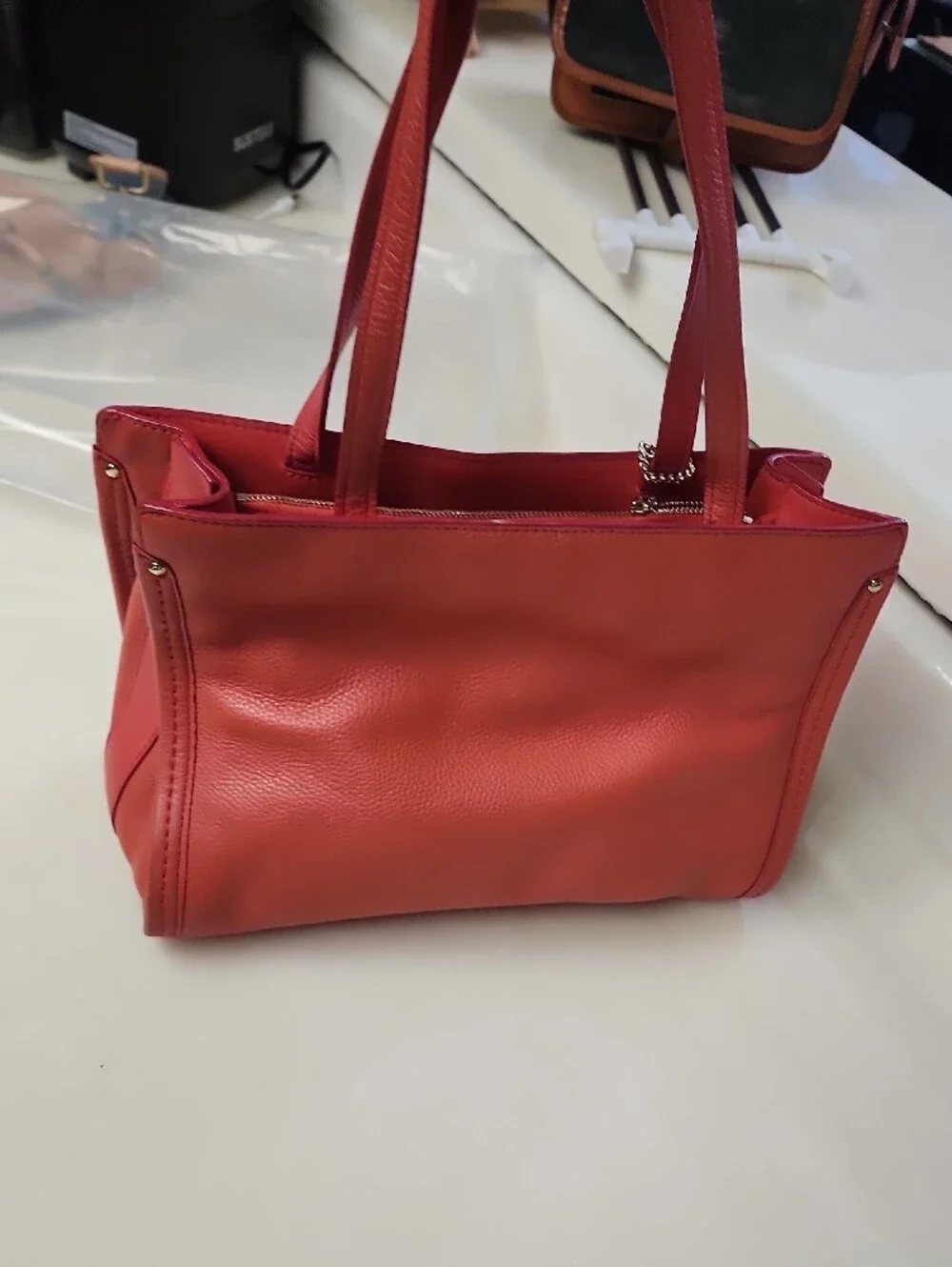 Coach Coral Red Pebbled Leather Tote with Gold Hardware